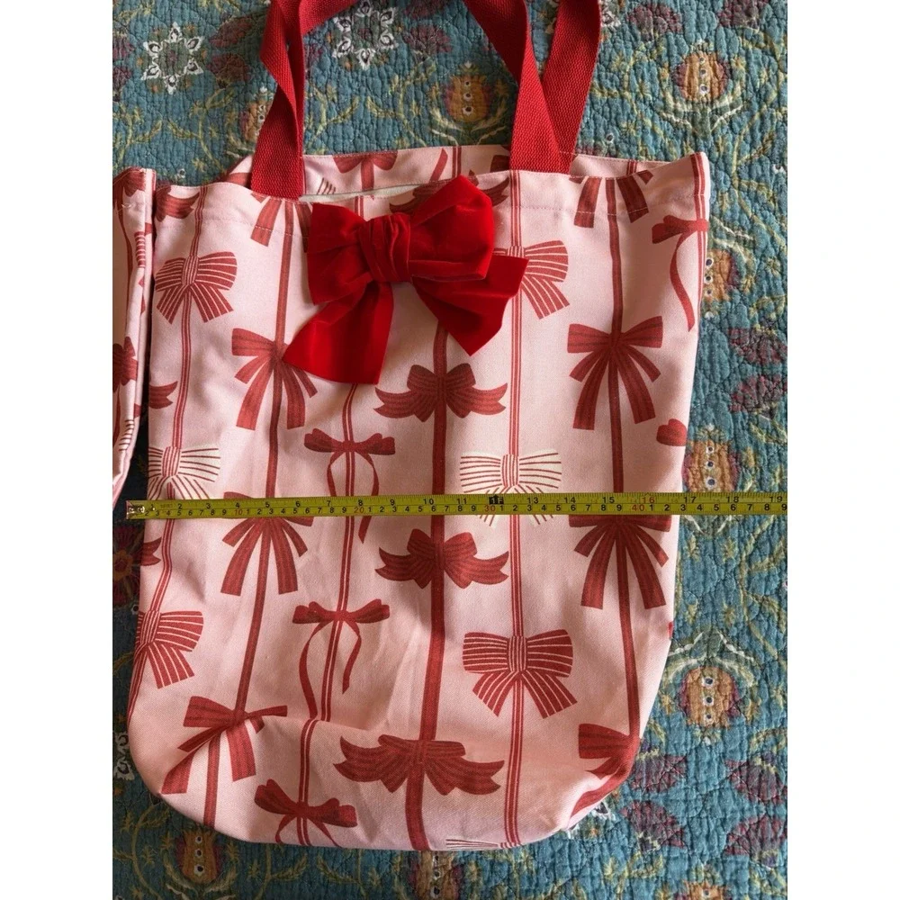 2 Pink Red Bow Print Tote Bag Canvas Large Shoulder Bag Preppy Coquette‎
